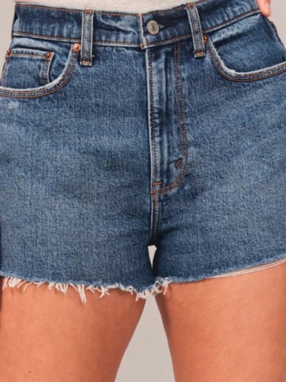 Abercrombie & Fitch Mid Blue High-Rise Raw Hem Denim Shorts